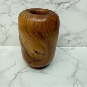 VTG Hand Carved Wooden Candle Holder Vase Rustic Boho Decor Wood Grain MCM Style